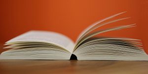 An open book with pages turning against a vibrant orange background, symbolizing knowledge and education. Un livre ouvert dont les pages tournent sur un fond orange vif, symbolisant la connaissance et l'éducation.